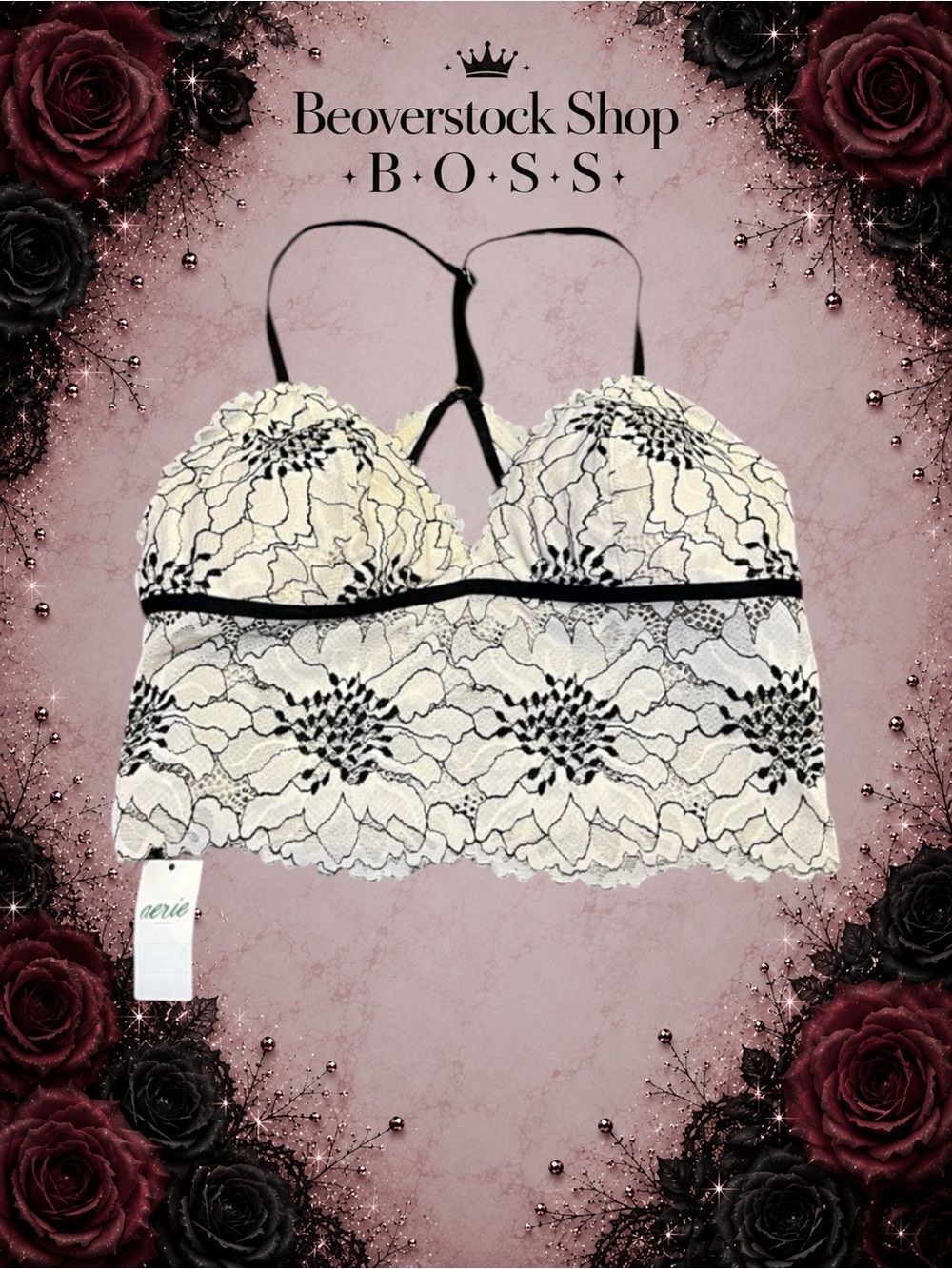New NWT Aerie Lace Black & White Bralette Top Adjustable– Size Small